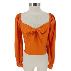 GUESS Janette Shirt Orange Long Sleeve Smocked Back Sweetheart Neck Top Medium